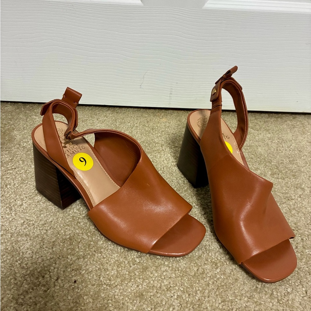 Vince Camuto tan leather flared wooden stacked block heels sandals chunky